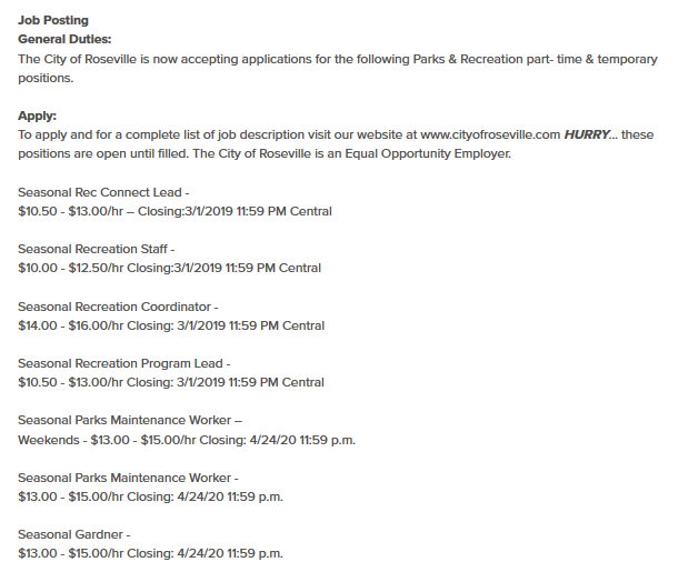 Example of format to follow when submitting seasonal city job postings to include General Duties; How to Apply; and the job title, salary/hourly rate, and Closing (deadline to apply).