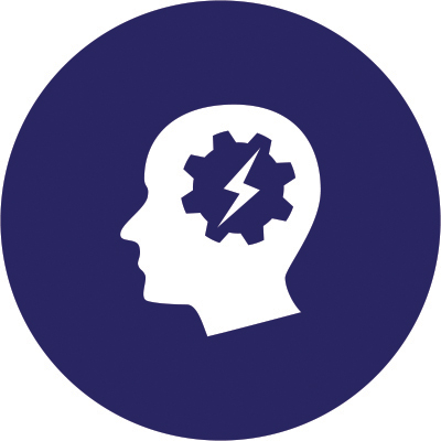 A white icon of a human head with a gear symbol over the cranium and an energy symbol within the gear is embedded in a navy blue circle..