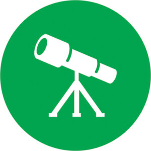 A white icon of a telescope on a stand is embedded in a green circle.
