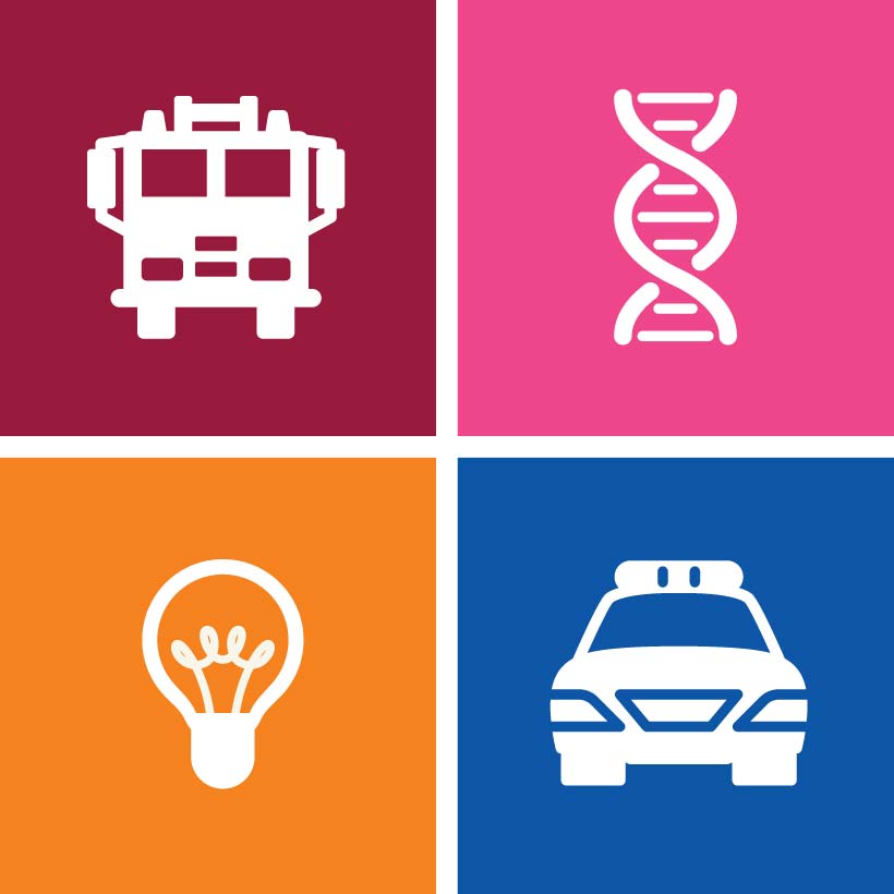 A square of four graphics with white icon shapes on color backgrounds: a cranberry red fire truck,a pink double helix, a tangerine lightbulb, a blue squad car.