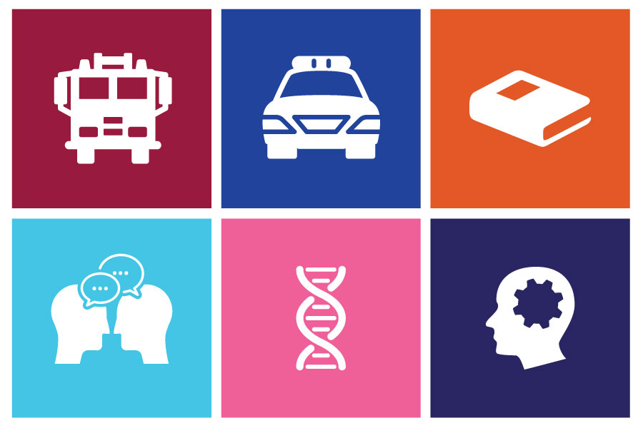 A horizontal rectangle featuring six colorful squares with white icons: A cranberry red firetruck, a bold blue squad car, an orange book, a light blue image of two people with conversation bubbles, a pink double helix, and a navy blue head with a gear symbol.