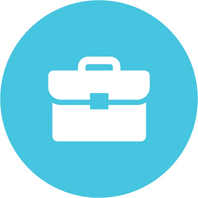 A white icon of a briefcase is embedded in a light blue circle.
