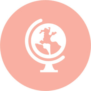 A white icon of a globe stand is embedded in a peach-colored circle.