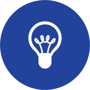 A white icon of a lightbulb is embedded in a bold blue circle.