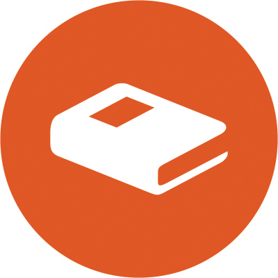 A white icon of a book or ledger is embedded in an orange circle.