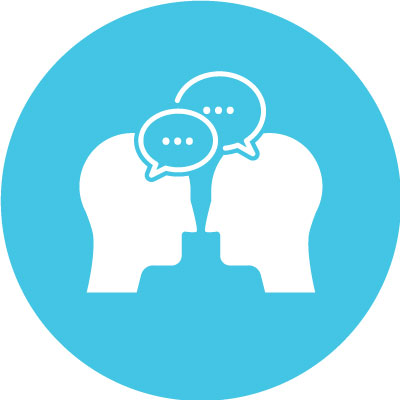 A white icon of two faces with conversation bubbles is embedded in a a light blue circle.