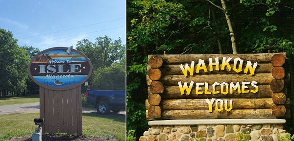 The Isle gateway sign, a virtical display with Isle and the city's logo painted in water colors. On the right, Wahkon's gateway sign, made of timber logs on a stone base. Yellow lettering says "Wahkon welcomes you."