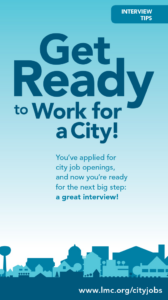 Get ready to work for a city! Blue text on a blue background with a blue patterned skyline.