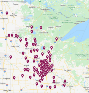 A map of Minnesota with cranberry pins dropped where cities have passed resolutions.