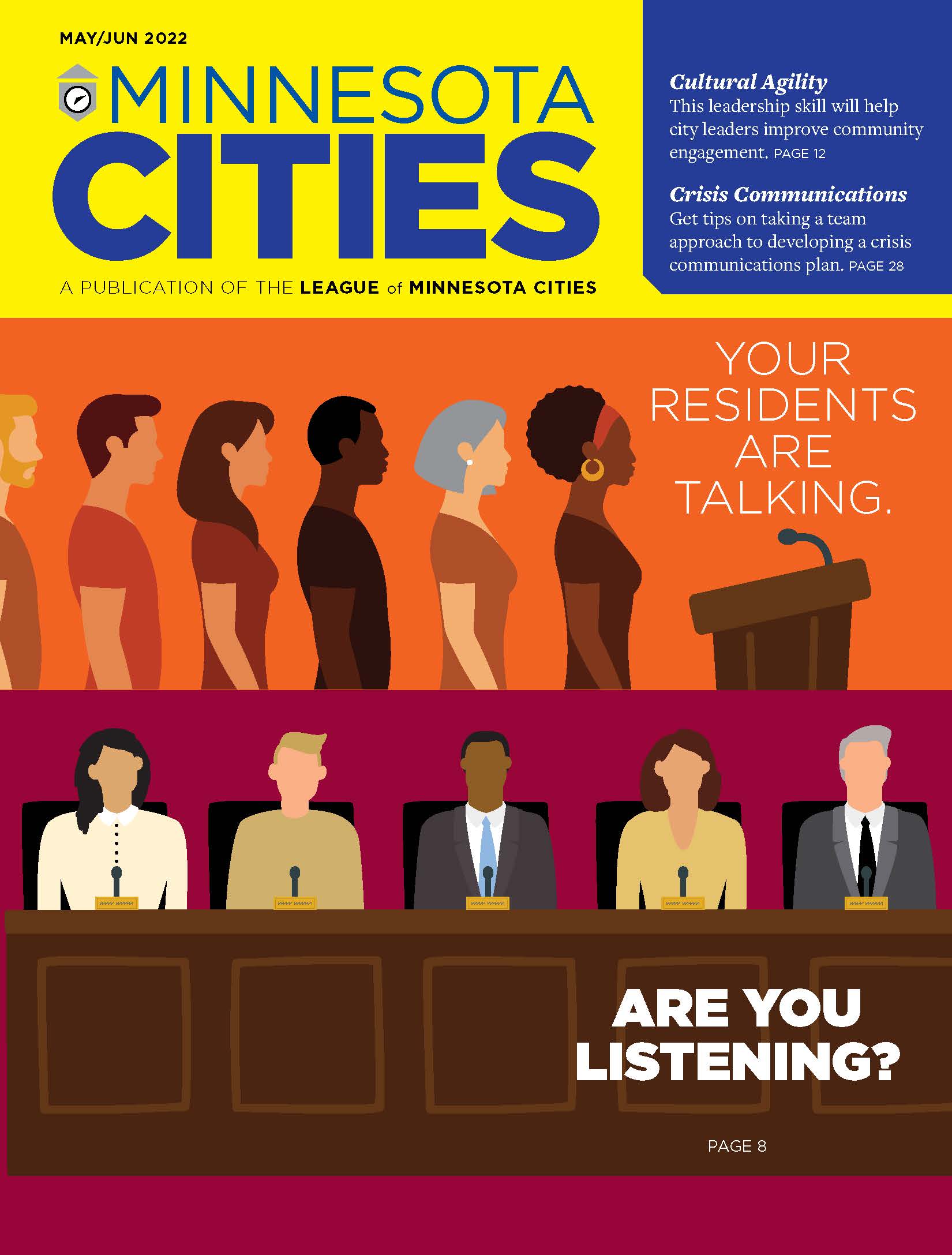 Magazine cover with illustration of a city council meeting