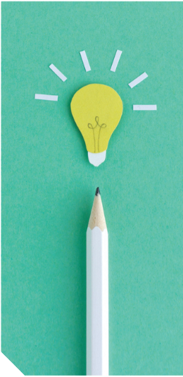 A pencil pointing to a lightbulb
