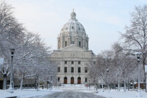Minnesota State Capitol building; winter scene with snow.