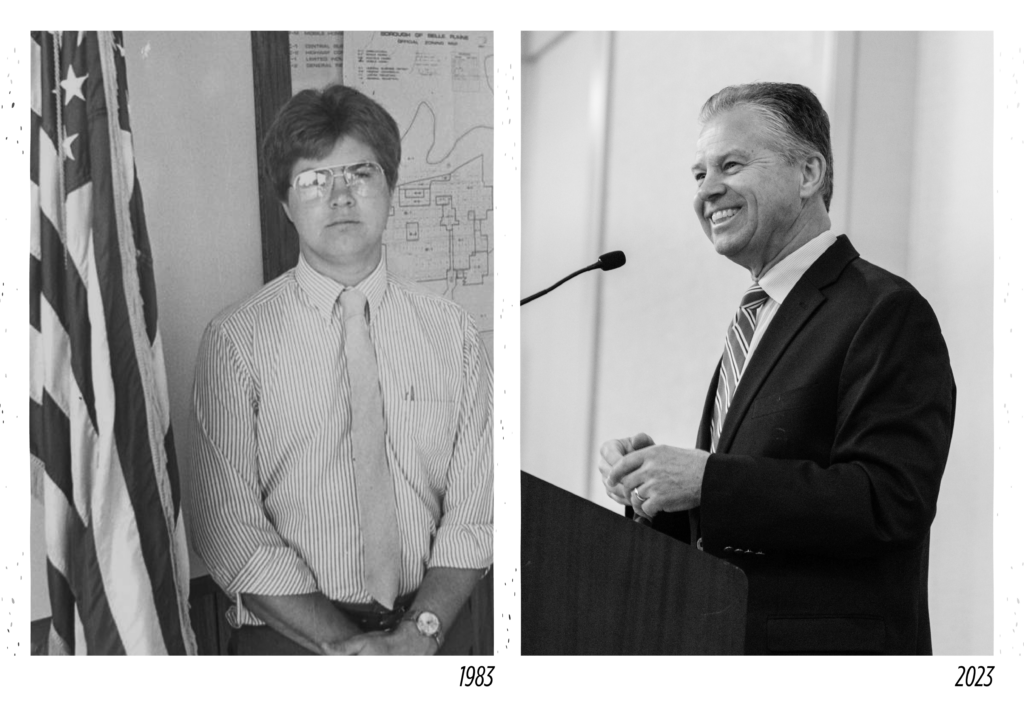 Two black and white photographs side by side. The left shows Dave Unmacht as a city administrator, his first job, in Belle Plaine, MN. The second shows Dave Unmacht speaking at the League of Minnesota Cities City Day on the Hill in 2023. He has had a 40 year career in local government.