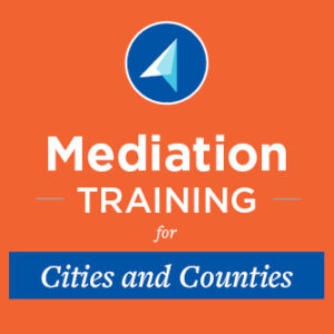 Orange and blue graphic with a compass arrow. Text: Mediation training for Cities and Counties 