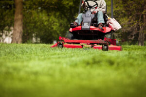 Person shown mowing lawn on rider lawnmower.