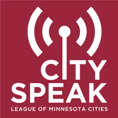 The LMC Podcast City Speak's icon is shown with a reception tower over the "i" in City Speak. "League of Minnesota Cities" is shown under the icon.