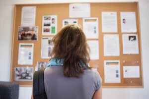 A person with their back to the camera looking at notices on a bulletin board. 