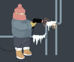 Illustration of a person using a hairdryer to thaw a frozen water pipe.