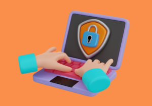 A colorful illustration of two hands tapping the keyboard of a laptop with a large padlock image displayed on the screen.