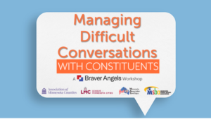 The logo for the Braver Angels Managing Difficult Conversations with Constituents workshop is shown.