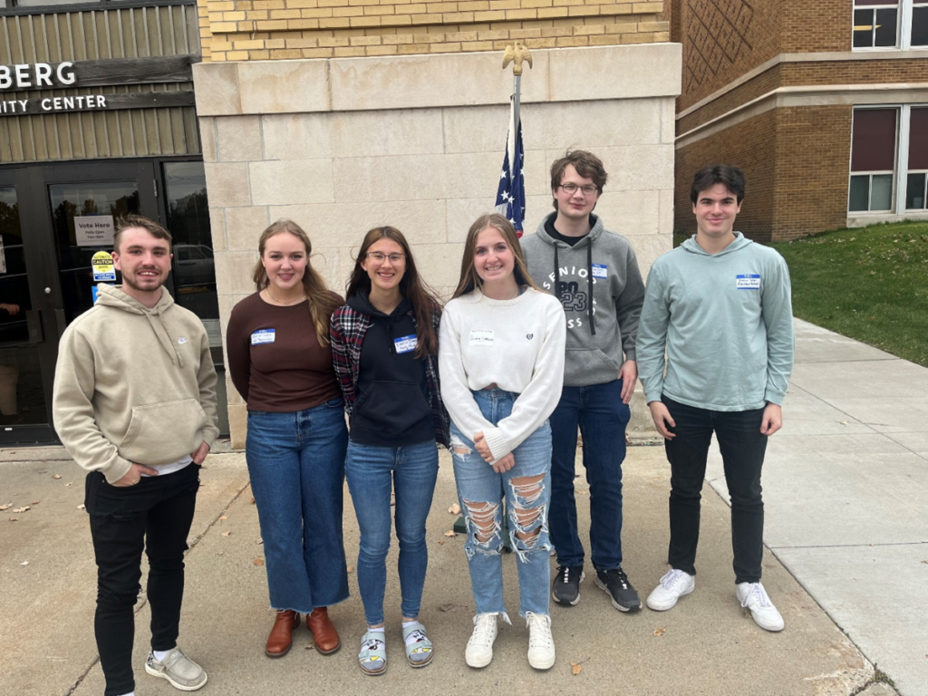 Coleraine's 2022 student election judges are shown outside of the town's community center.