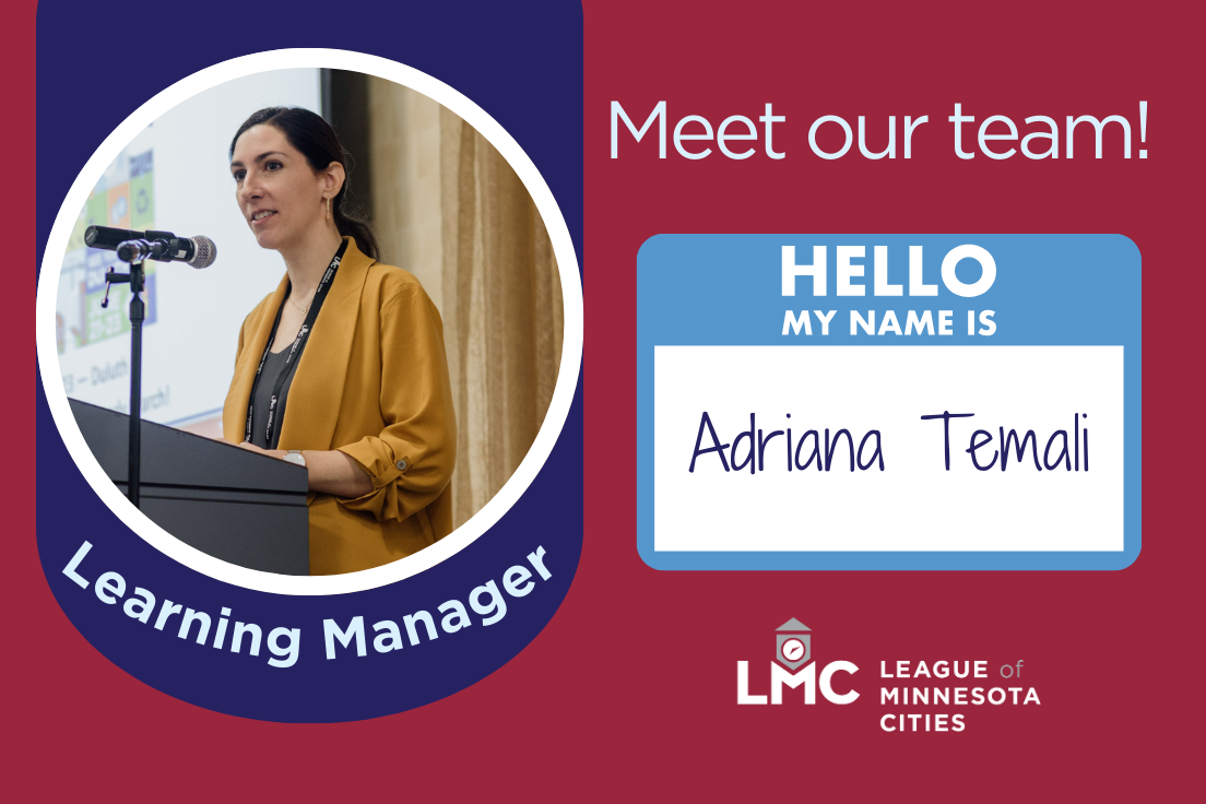 LMC Learning Manager Adriana Temali is shown addressing the 2023 Elected Leaders Institute attendees. Her photo is placed on a Canva template that looks like a nametag and lists her name and title.