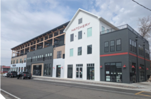Newly constructed buildings on Hatchery Row, Battle Lake, Minnesota