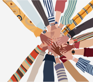 Many arms and hands that show people coming together.