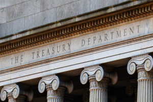 Zoomed in shot of the United States Treasury Department building