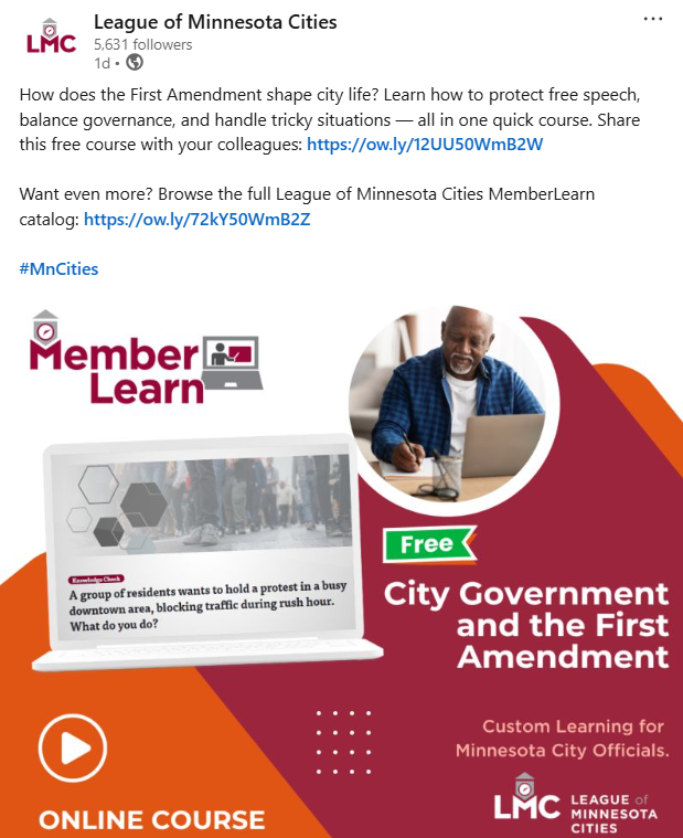 Screenshot of the League of Minnesota Cities' LinkedIn post promoting the MemberLearn First Amendment course.