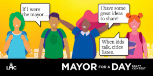 Illustrations of children debating what they would do if mayor