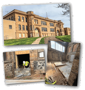 The historic Sandstone School building before and during restoration.