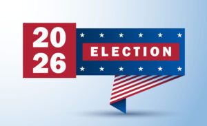 2026 Election with red, white and blue banner over a light blue background.