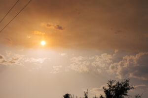 Sun shining through a smoky, hazy sky with power lines and trees